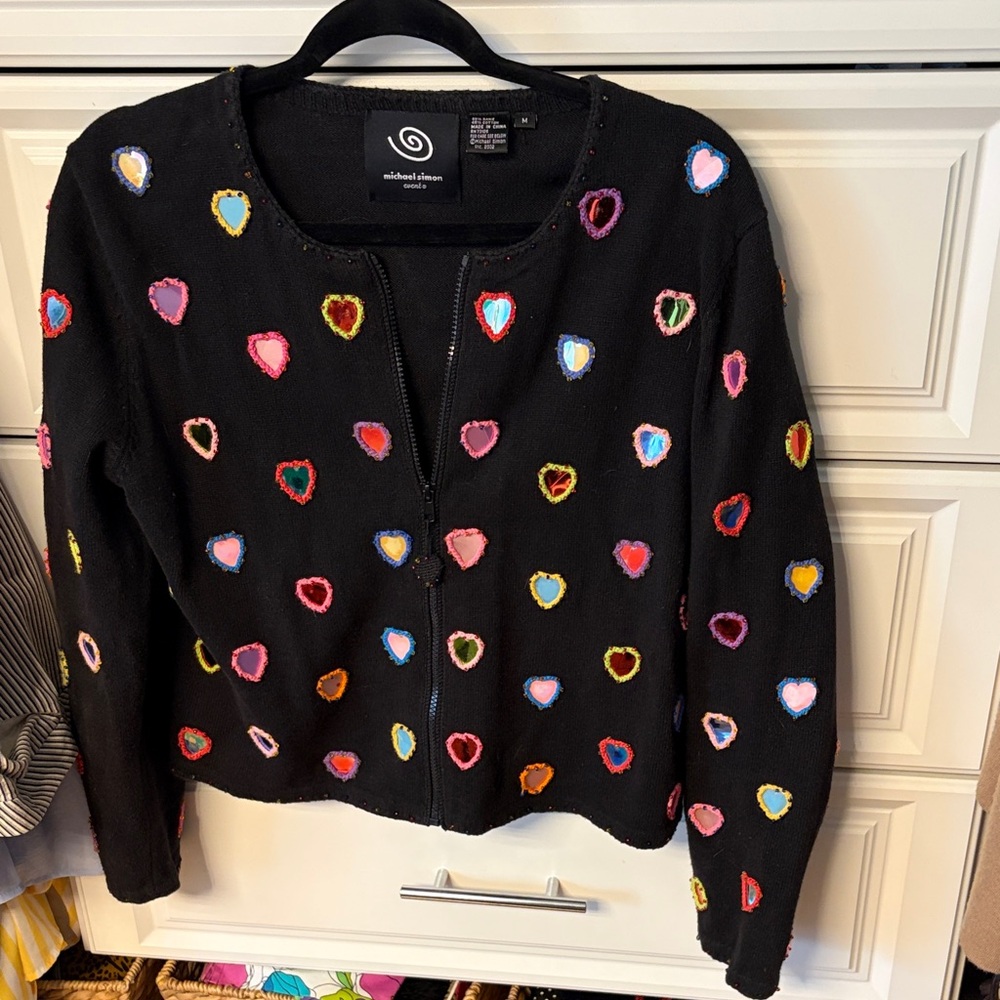 Michael Simon Black Sweater with Colorful Heart Accents